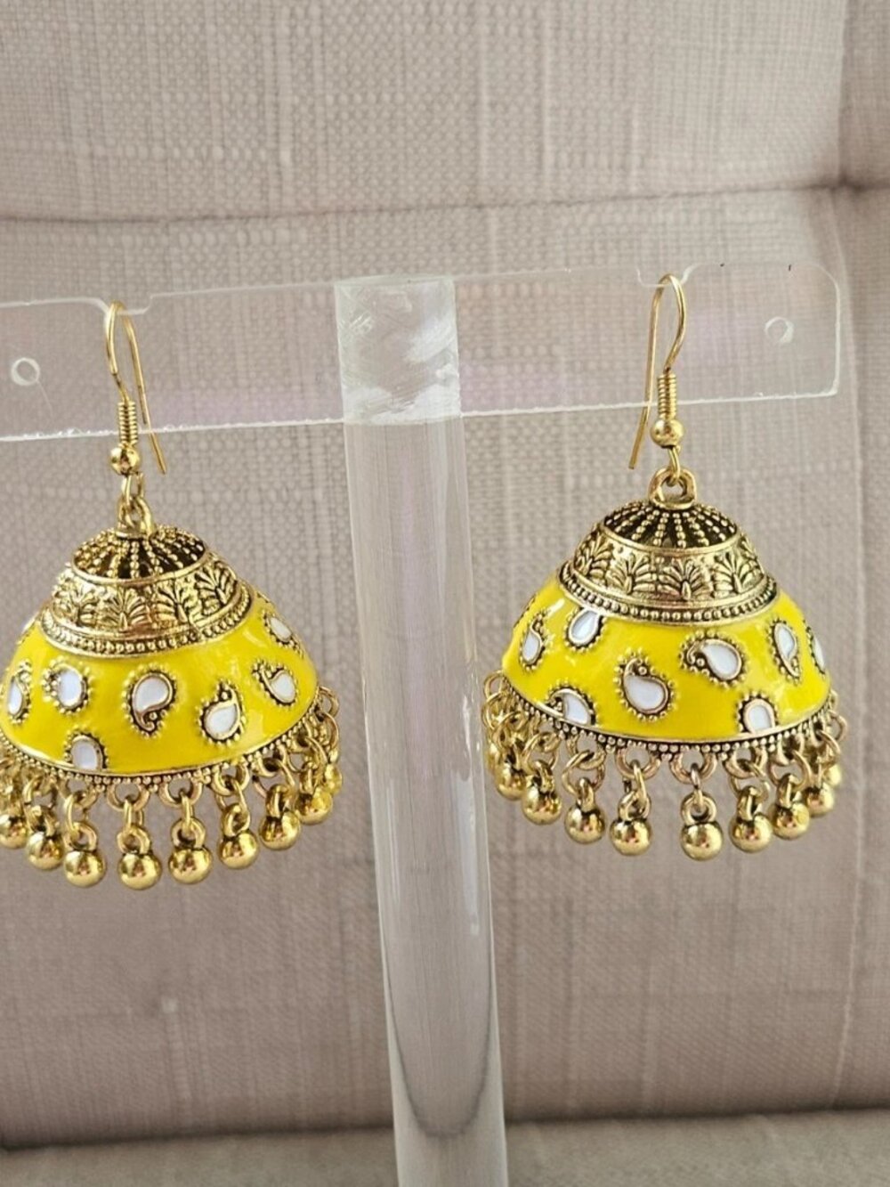 Jhumka Earrings Yellow Enamel Gold Tone Fashion Ear Jewelry Chandelier Earrings - Picture 8 of 11